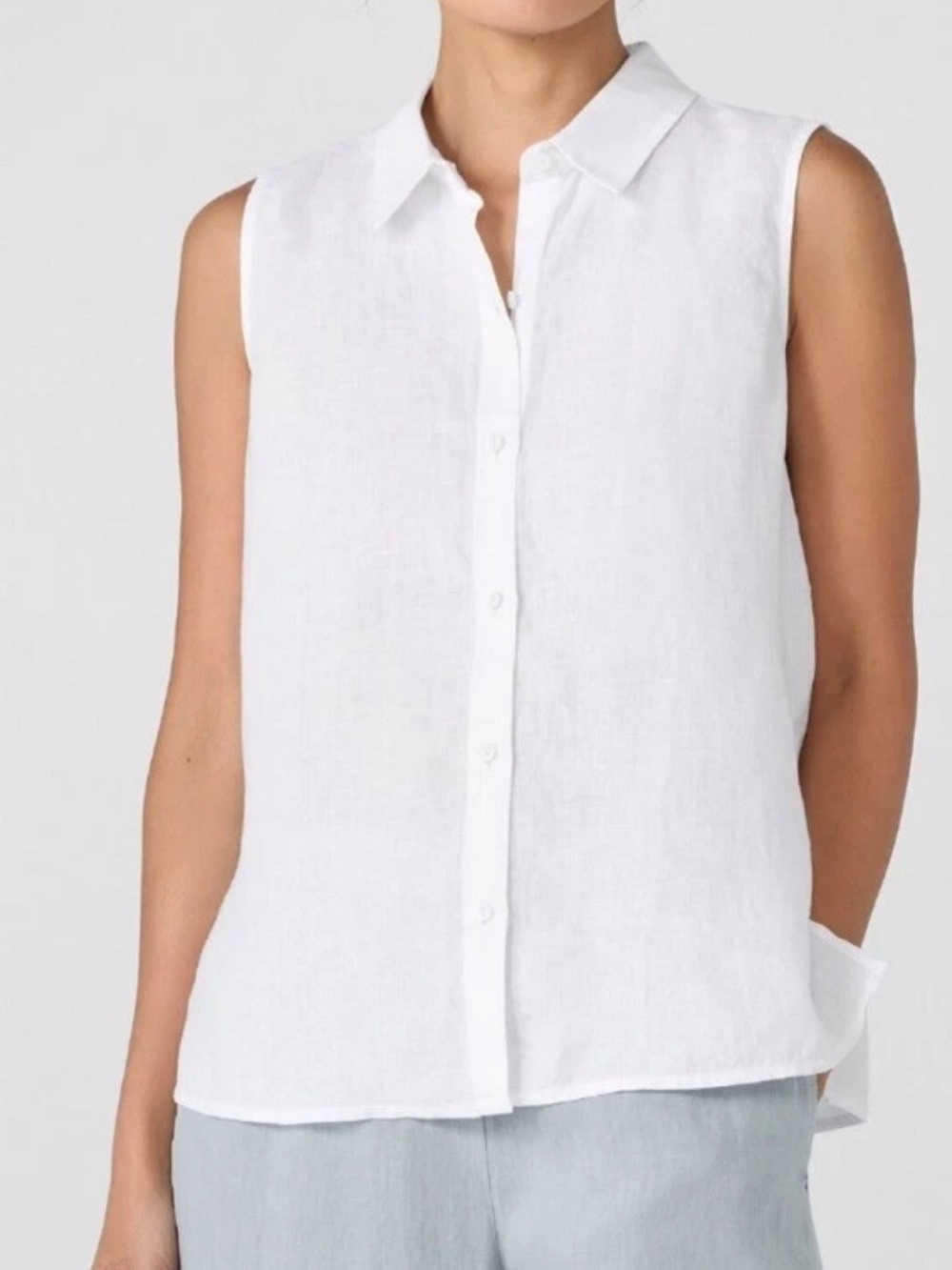EILEEN FISHER Sleeveless Organic Linen Sleeveless button collared Shirt white 2X